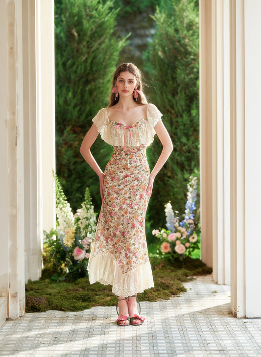 French romantic floral lace tube top fishbone top fishtail skirt suit homecoming dress R5121