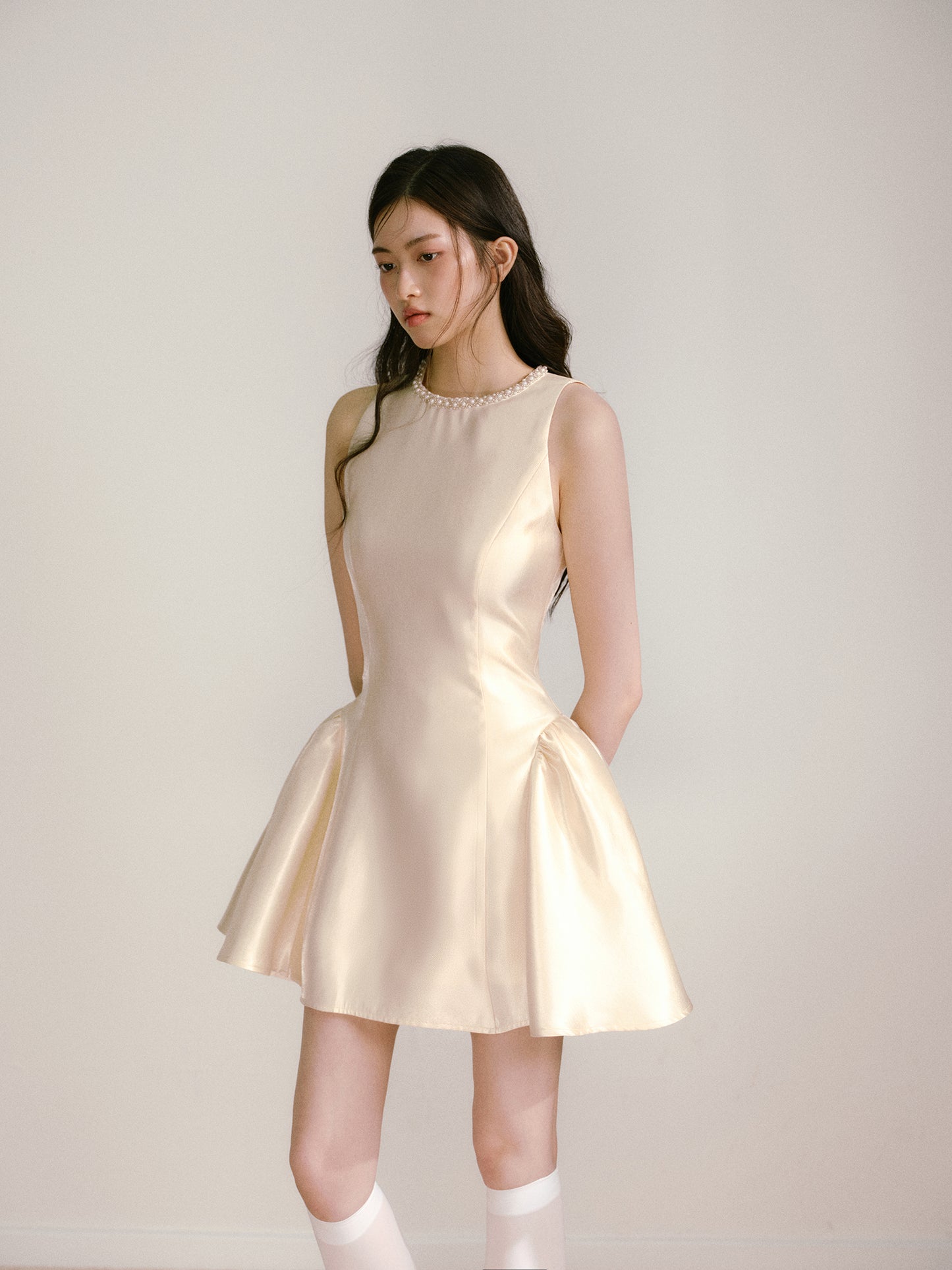 Beige glossy satin 3D handmade pearl princess skirt puffy dress R5133