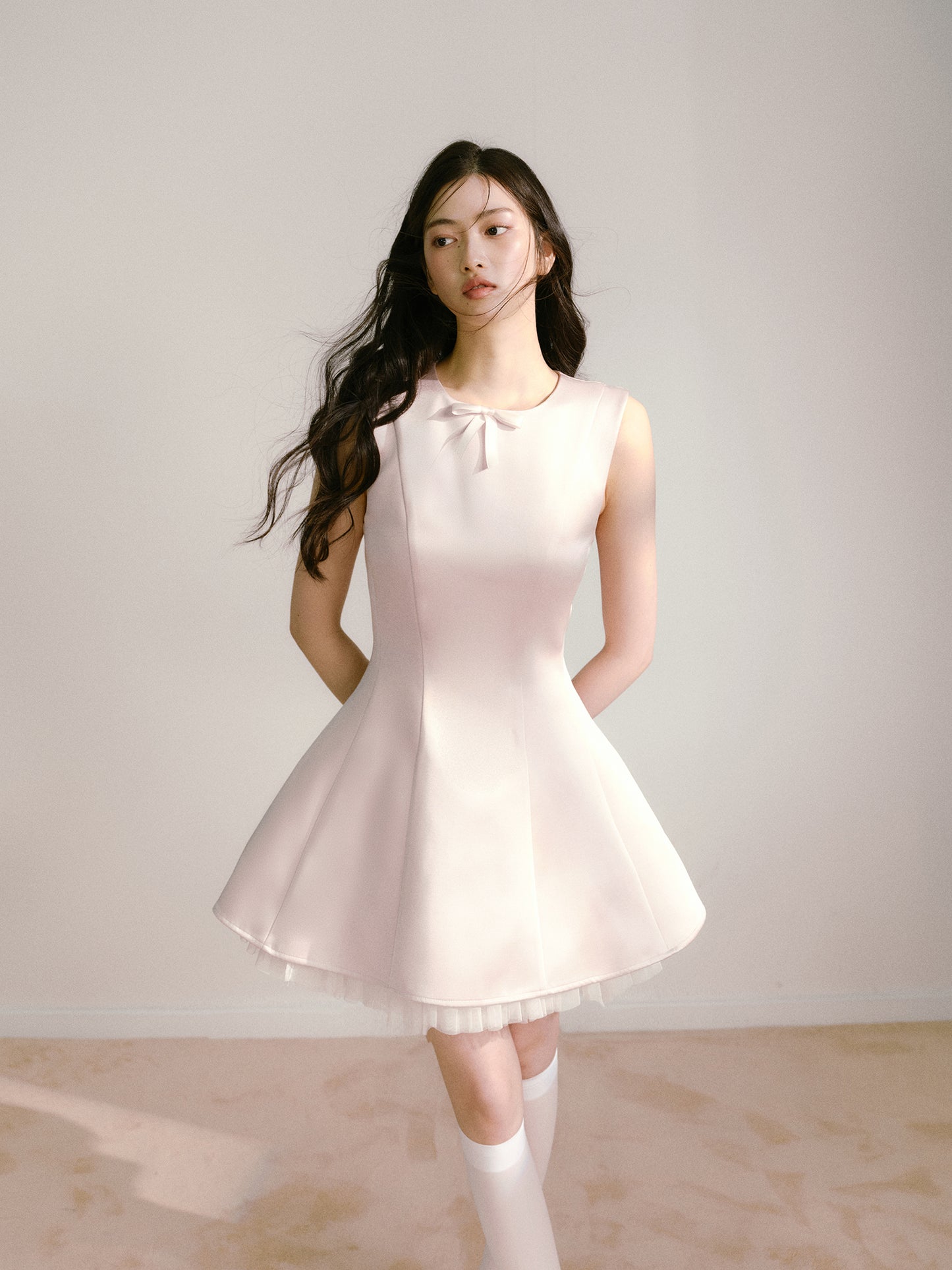 Light pink shiny satin vest dress with mesh ballet style sleeveless tutu skirt R5129