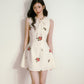 Beige 3D Flower Embroidered Sleeveless Dress with Lace-up Ruffles and Slim Waist Vest Dress R5135