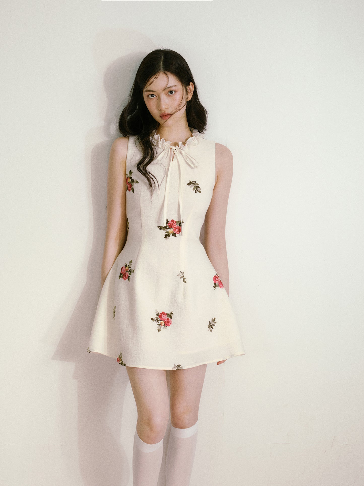 Beige 3D Flower Embroidered Sleeveless Dress with Lace-up Ruffles and Slim Waist Vest Dress R5135