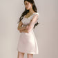 Pink satin with white ruffled edge contrasting one-shoulder waist dress R5132