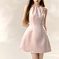 Pink satin glossy halter neck dress with bow waist A-line sleeveless short skirt R5130