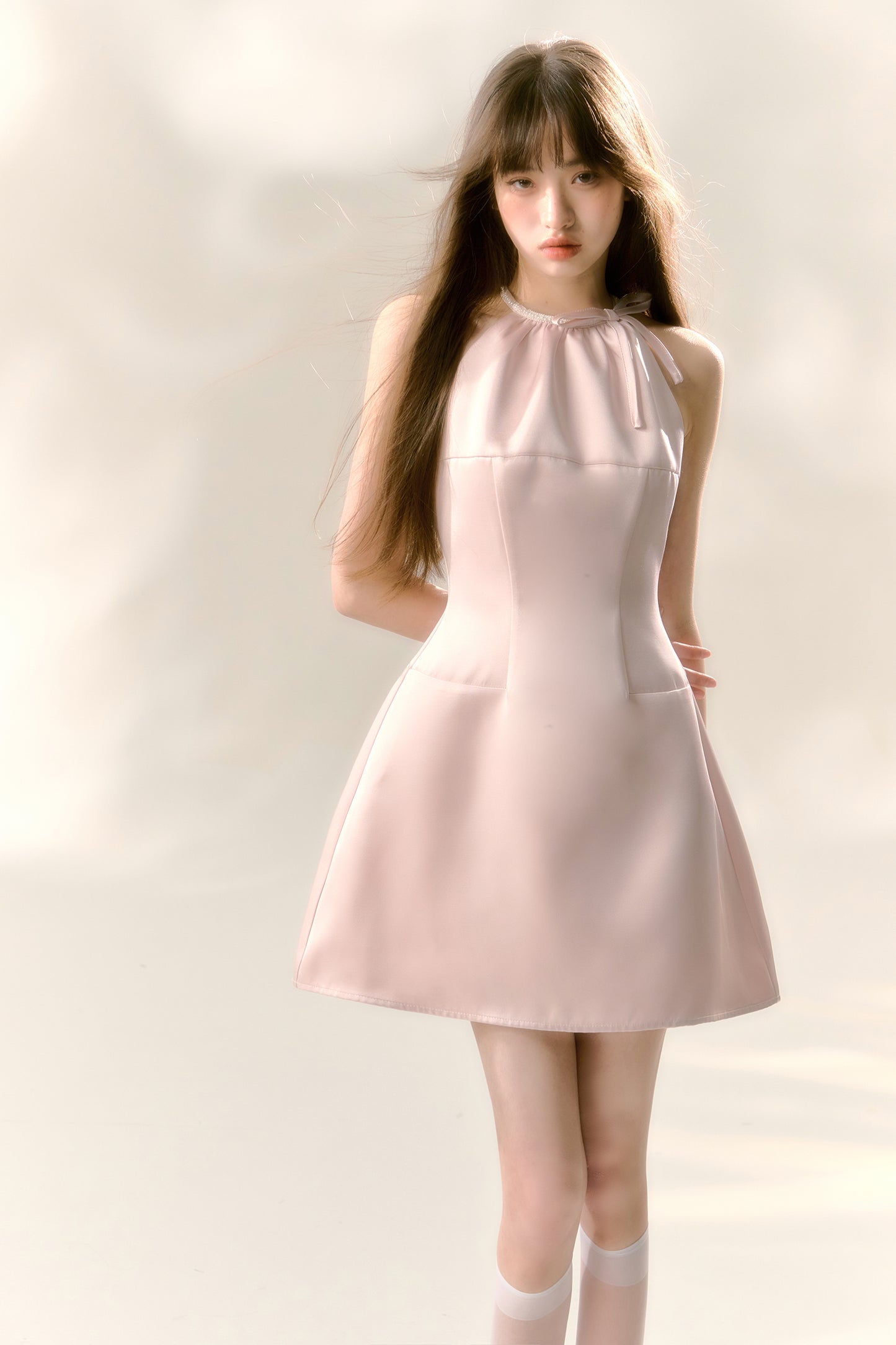 Pink satin glossy halter neck dress with bow waist A-line sleeveless short skirt R5130
