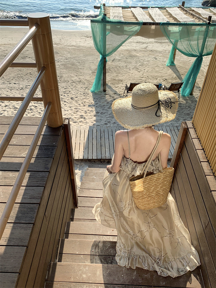 Retro printed suspender dress gentle temperament A-line long skirt R0660