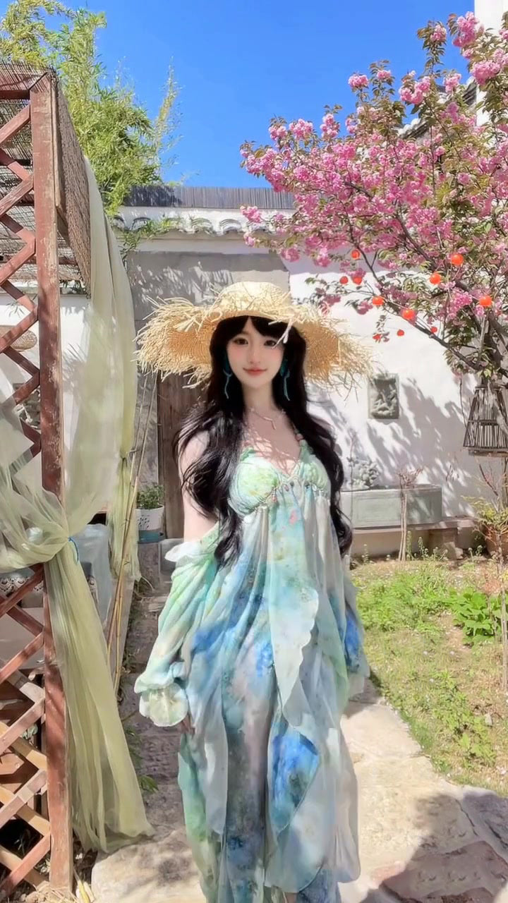 Blooming floral halter dress holiday style beautiful dress R0716