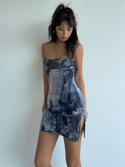 Newspaper mesh suspender short skirt hot girl hip-hugging figure dress European and American style R3041