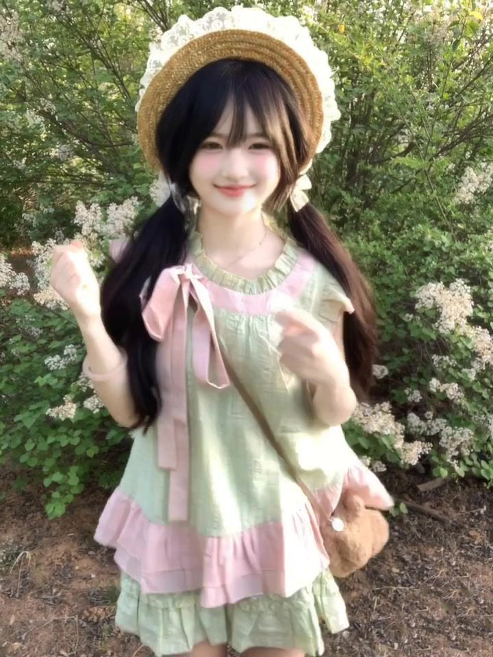 Pure outfit set casual green small flying sleeve top short skirt two-piece set R0834