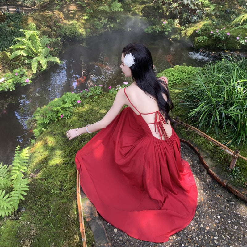 French square neck waist hip dress high waist sleeveless slim suspender dress slit long skirt R1434