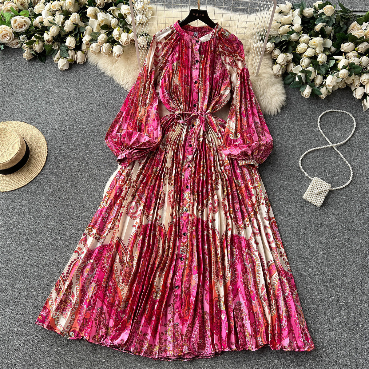 High-end temperament round neck lantern long sleeve waist slimming printed pleated dress R2302