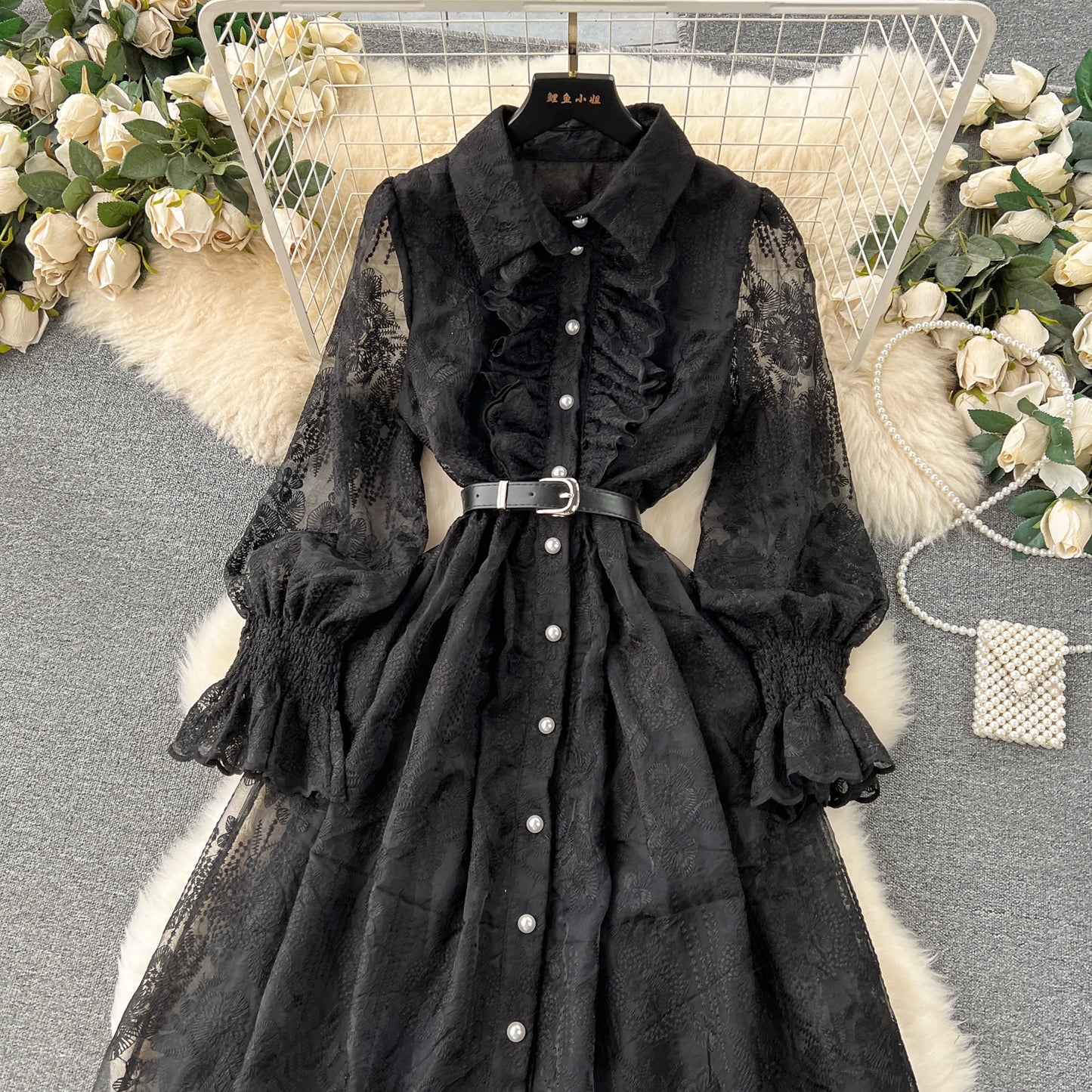 French court style dress with ruffled edges, slim-fitting long lace dress, high-end dress R2304