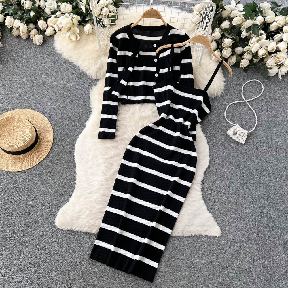 Pear-Shaped Body Two-Piece Suit Knitted Cardigan Jacket Striped Suspender Slim Fit Dress R2309