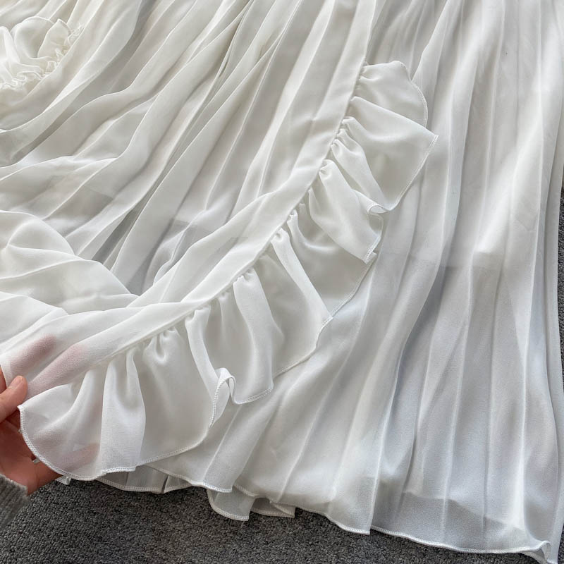 Holiday dress temperament V-neck contrast color stitching pleated big swing beach dress R2294