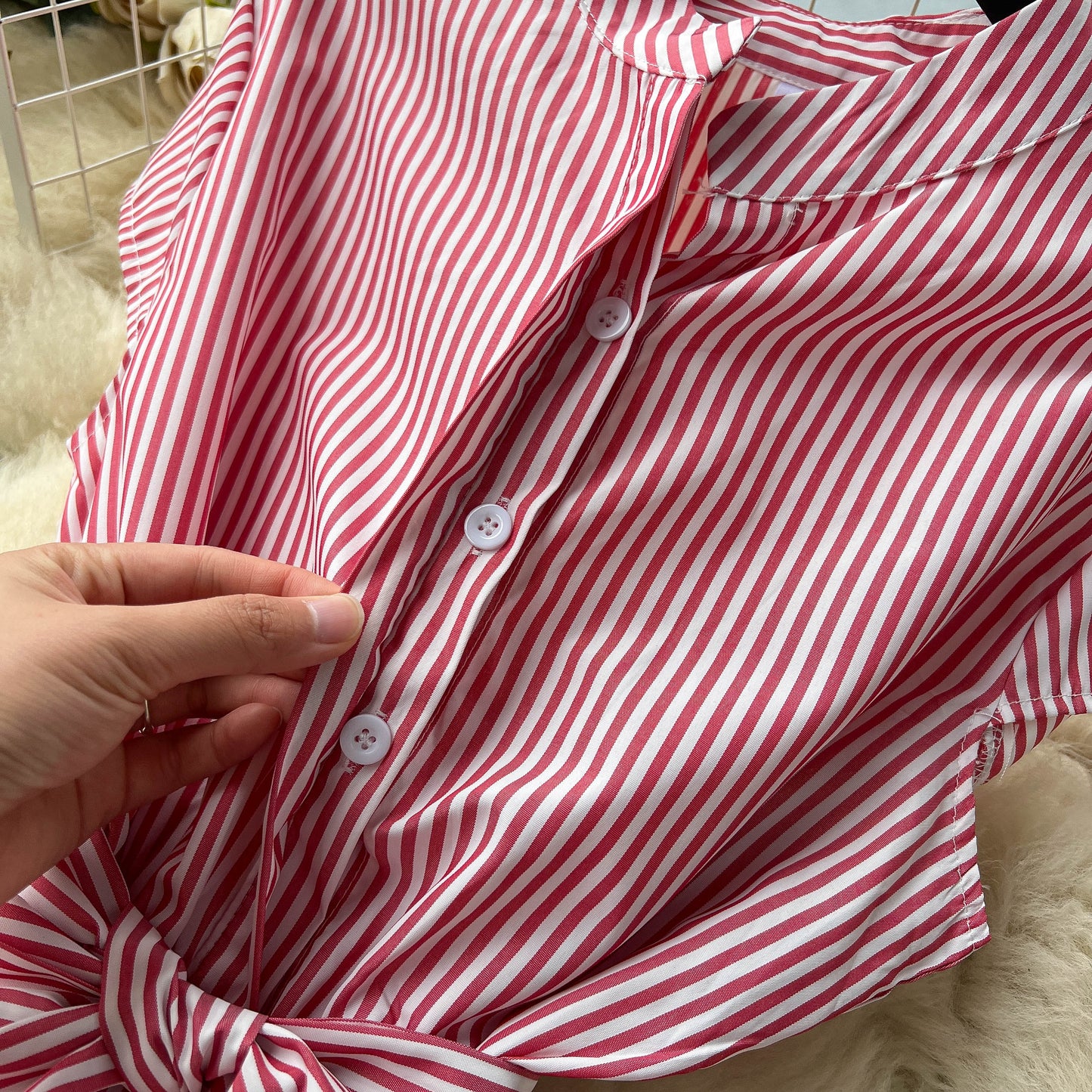 French style short-sleeved striped dress with bow tie waist A-line slim temperament shirt skirt R2297