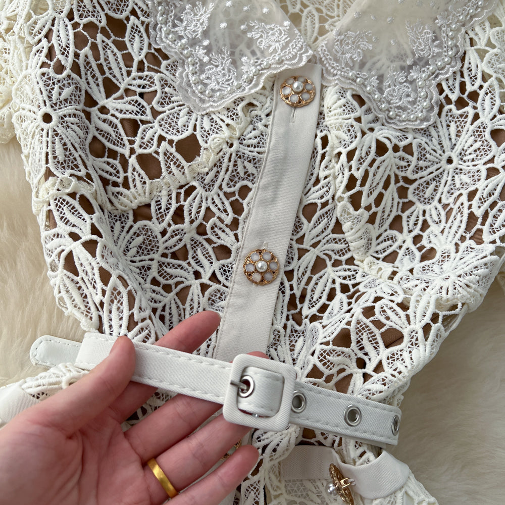 Chanel style dress with short sleeves, short-sleeved, single-breasted lace crochet long skirt R2300