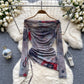 European and American hot girl style tie-dyed one-shoulder drawstring pure desire niche chic top R2296