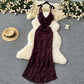 Elegant dress design V-neck ruffled halter neck tie waist slimming printed chiffon dress R2284
