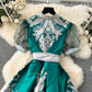 Retro palace style dress with printed straps and waisted long French puff sleeves R2312