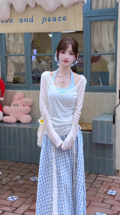 Women's suit beautiful long-sleeved T-shirt blue halter neck vest skirt three-piece suit R0695