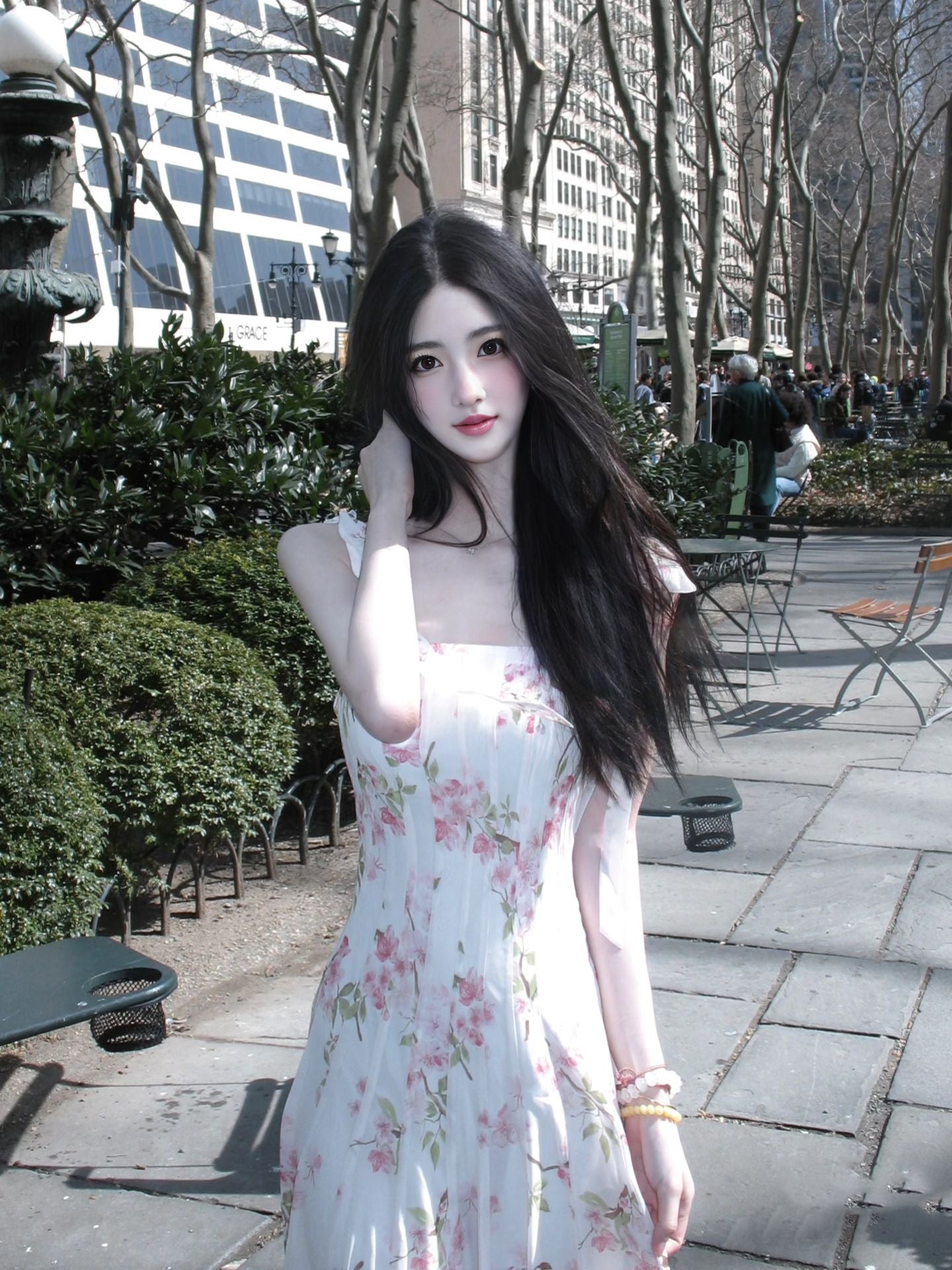 New gentle temperament suspender floral dress beautiful waist A-line long skirt R0696