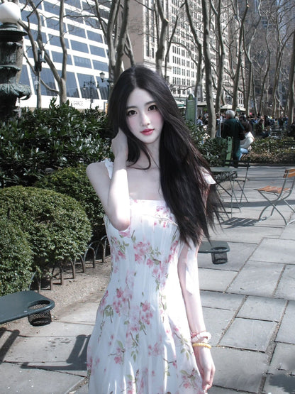New gentle temperament suspender floral dress beautiful waist A-line long skirt R0696