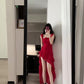 Retro red flower suspender dress irregular beautiful waist a-line beach dress R0697