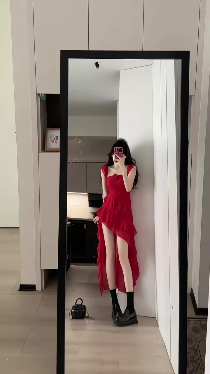 Retro red flower suspender dress irregular beautiful waist a-line beach dress R0697