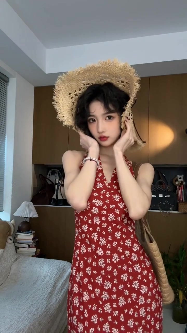 Retro red v-neck floral halter dress with waist and backless beautiful temperament long dress R0698