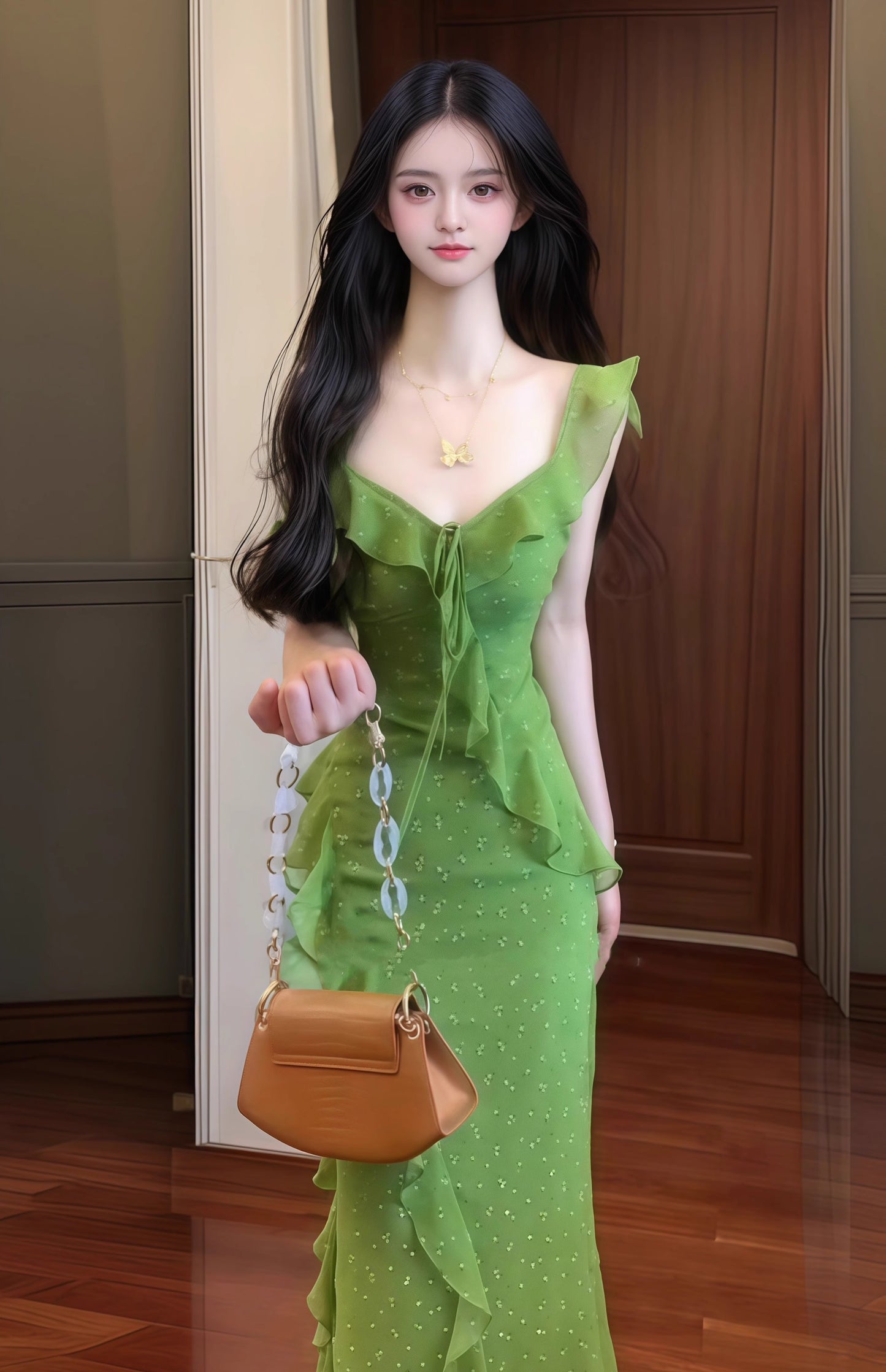 Green floral suspender dress with ruffles and gentle waist and hip skirt R0621
