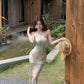 Green floral tube top dress sexy waist slim hip skirt R0626