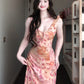 Pink floral suspender dress beautiful waist slim hip skirt R0622