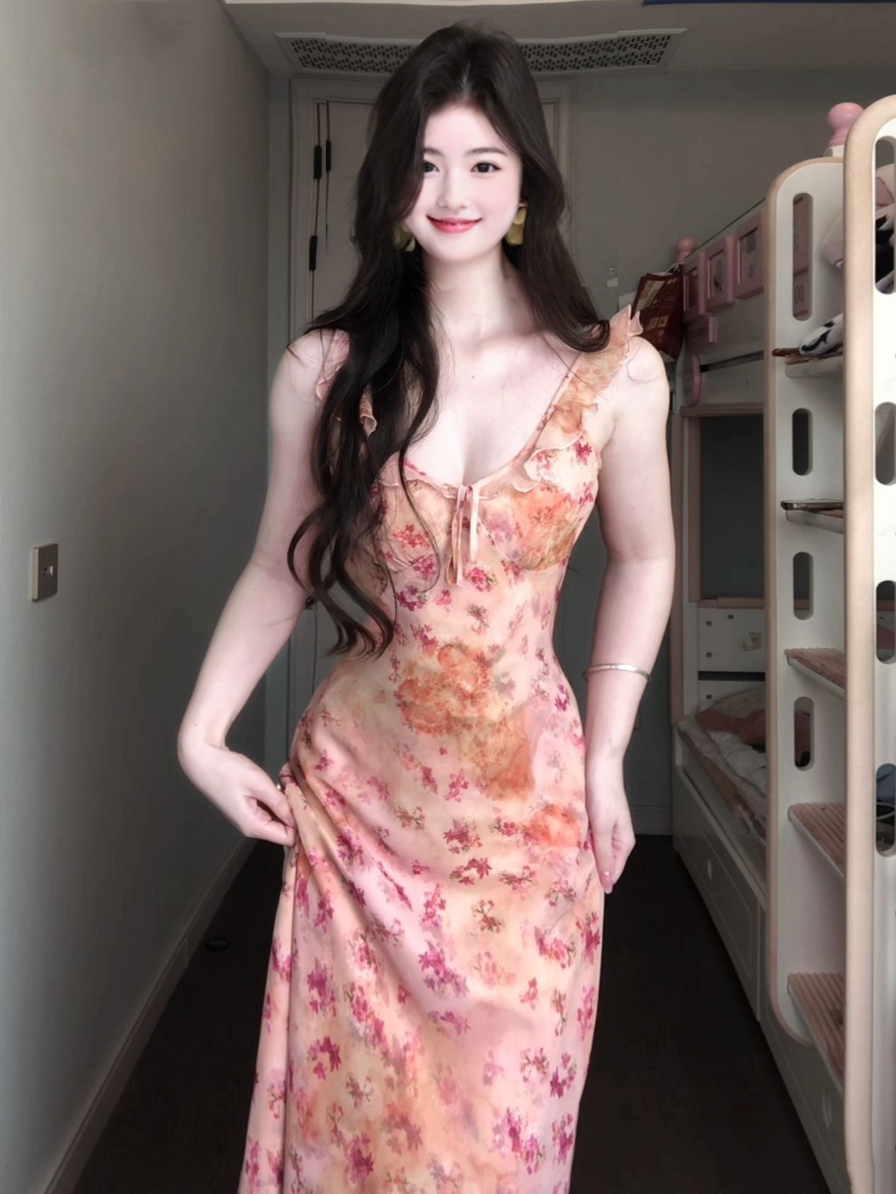 Pink floral suspender dress beautiful waist slim hip skirt R0622