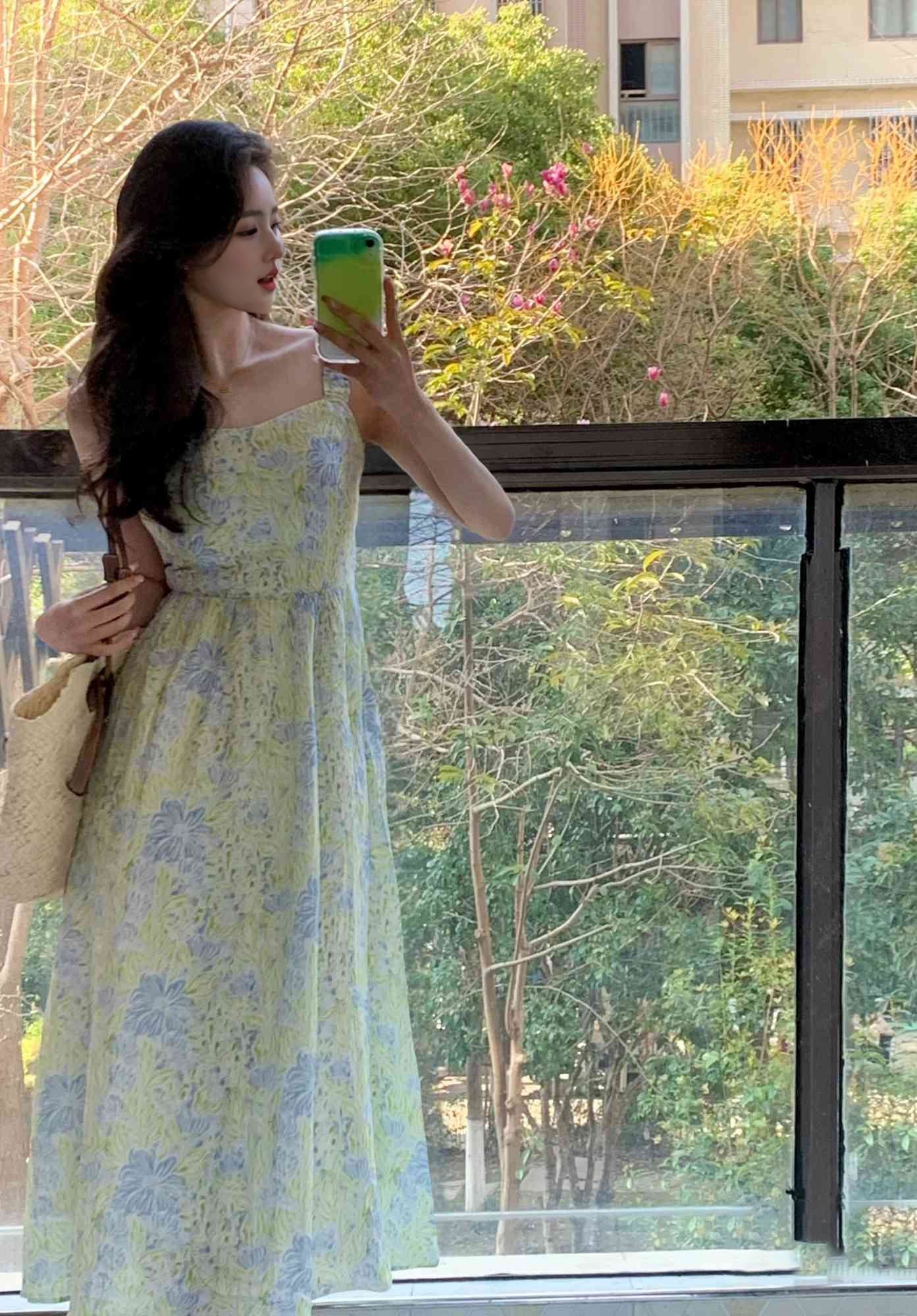 Super beautiful suspender long dress beautiful green floral dress R0627