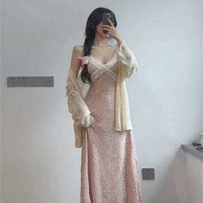 Pink floral dress beautiful tea break French style v-neck waist suspender dress R0625