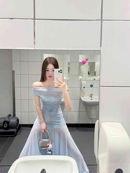 Blue floral mesh one-shoulder dress with gentle temperament and beautiful waist R0608