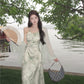 Green suspender halter dress unique chiffon sunscreen cardigan two-piece set R0616