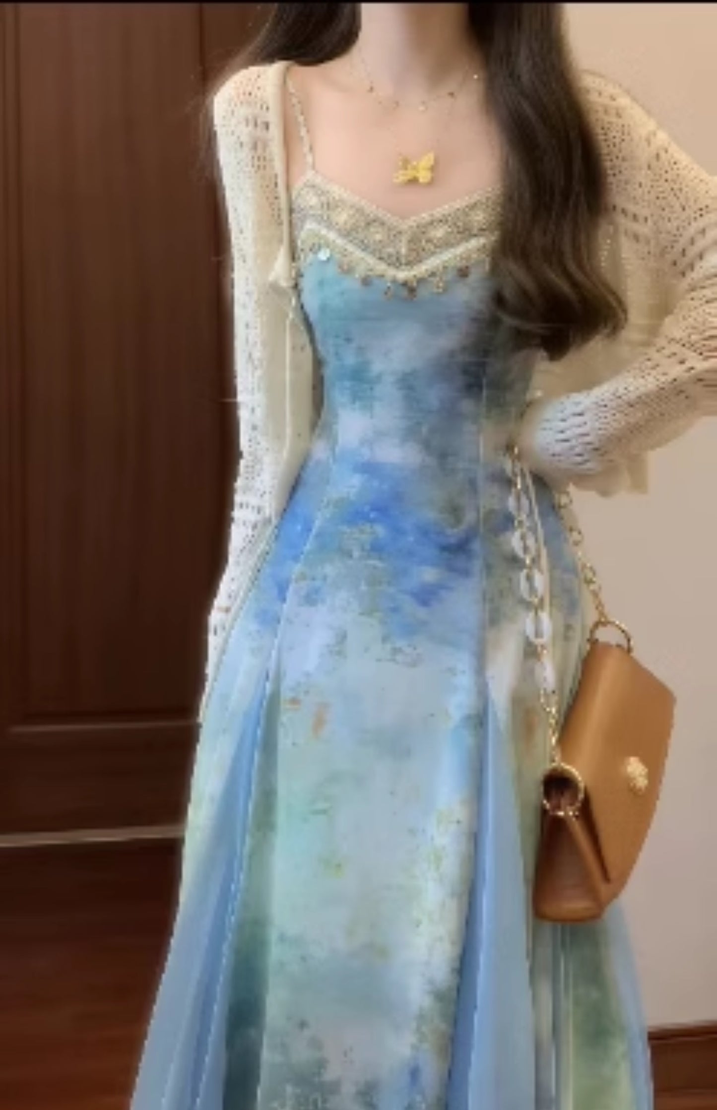 Women's Blended Floral Sling Dress Beautiful Waist A-Line Beach Dress R0617