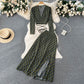 Holiday style retro floral suit long-sleeved French slim V-neck top + split skirt two-piece suit R2271