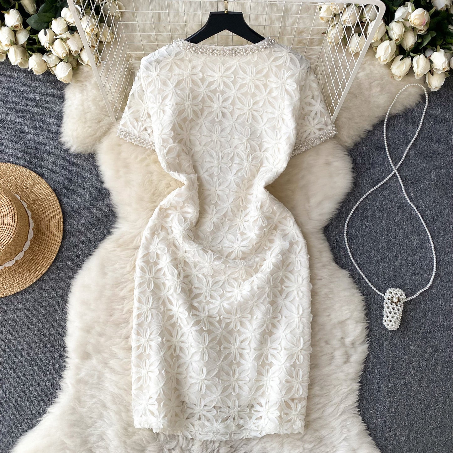 French beaded lace hook flower short sleeve dress high waist slim temperament short skirt R2276