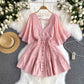 Holiday style 2025 new niche sexy deep V-neck lace patchwork waist flared sleeve dress R2269