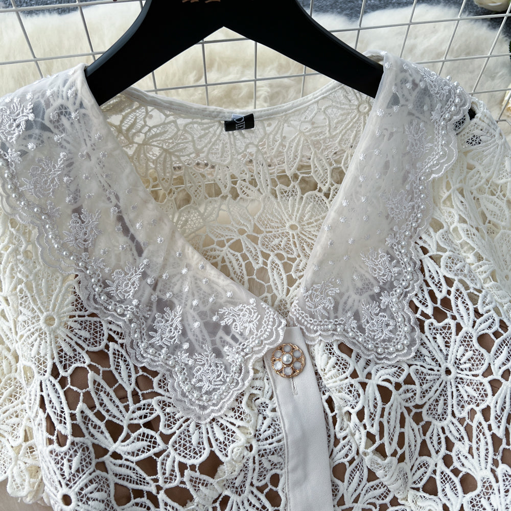 Chanel style dress with short sleeves, short-sleeved, single-breasted lace crochet long skirt R2300