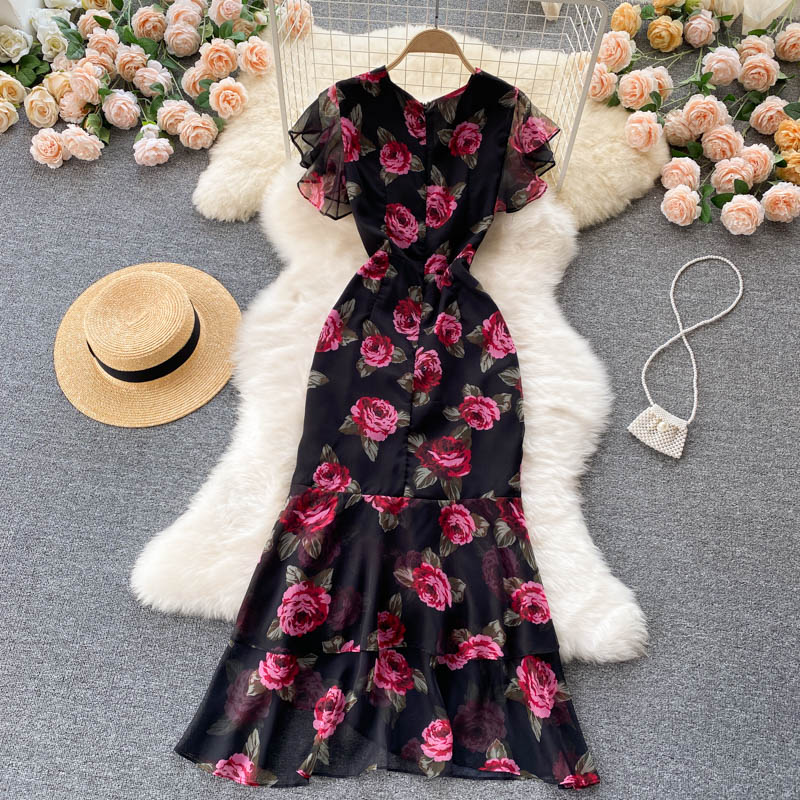 2025 new style celebrity chiffon printed dress temperament ruffled fishtail dress skirt R2267