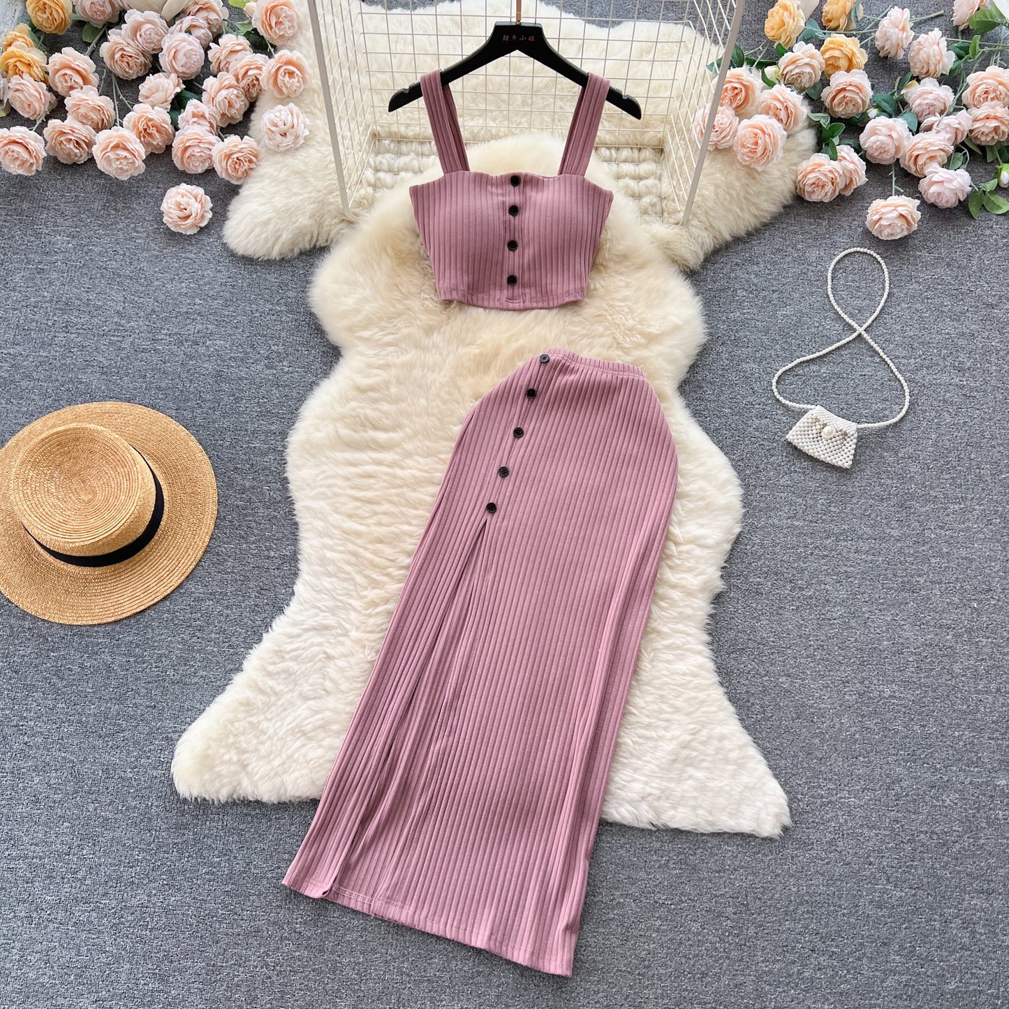 Small pure desire suit French short tube top camisole vest high waist slim slit skirt R2263