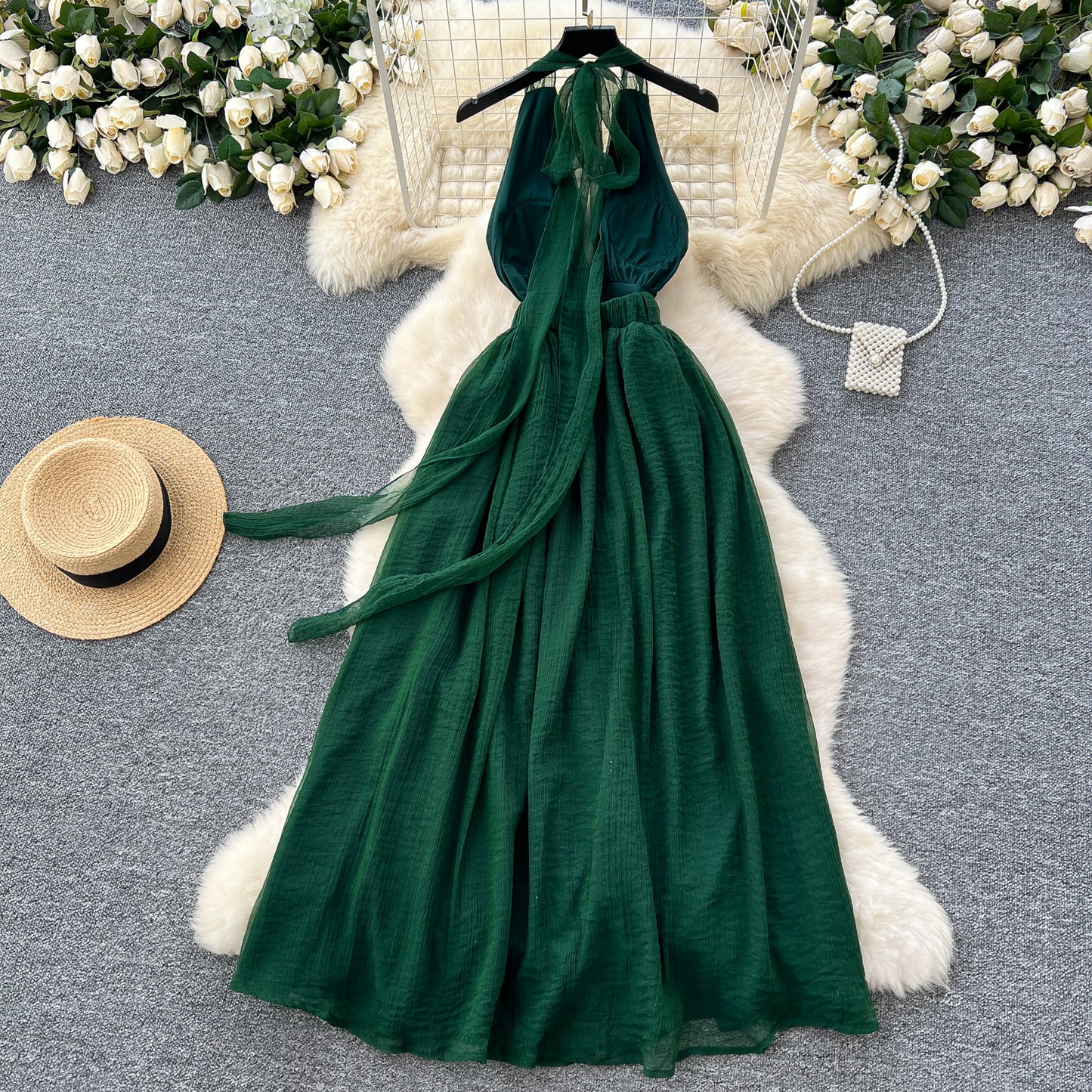 Elegant dress French style deep V-neck halter neck strap waist slit backless holiday long dress R2264