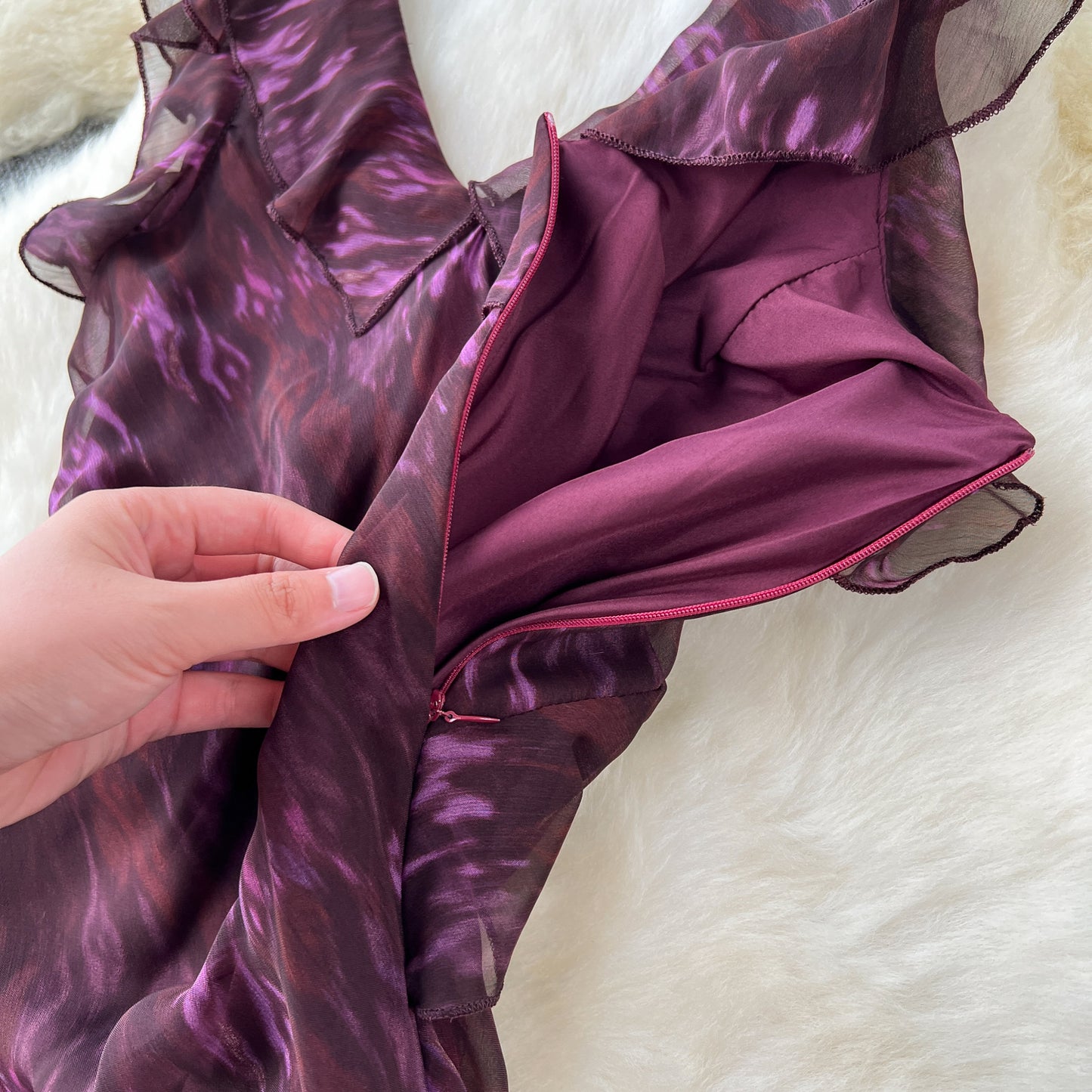 Elegant dress design V-neck ruffled halter neck tie waist slimming printed chiffon dress R2284