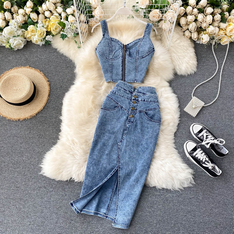 Women's suits 2025 new sexy short camisole high waist denim skirt trend R2273