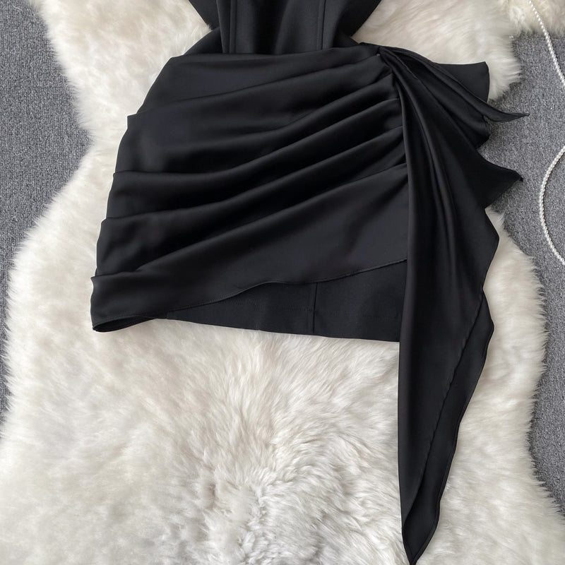 Sexy pure desire style irregular ruffled tube top dress temperament Hepburn style evening dress R2298