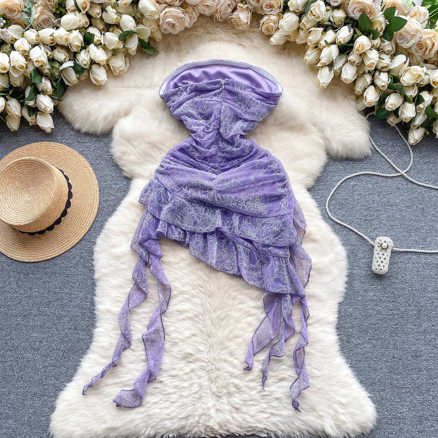 European and American sweet and cool hot girl style sexy dress ruffled short skirt tube top dress R2289