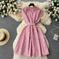 French style short-sleeved striped dress with bow tie waist A-line slim temperament shirt skirt R2297