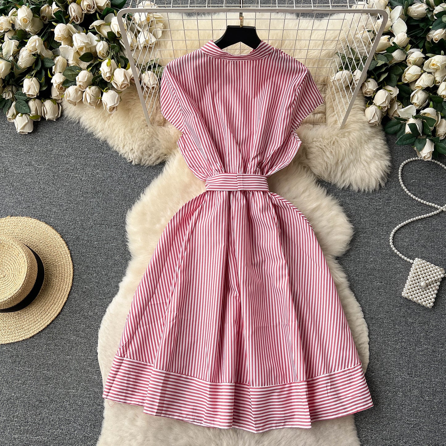 French style short-sleeved striped dress with bow tie waist A-line slim temperament shirt skirt R2297